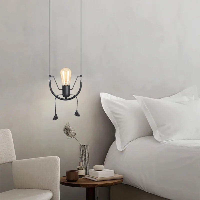 Suspension lustre moderne assis petit homme noir E27 pour chambre enfant