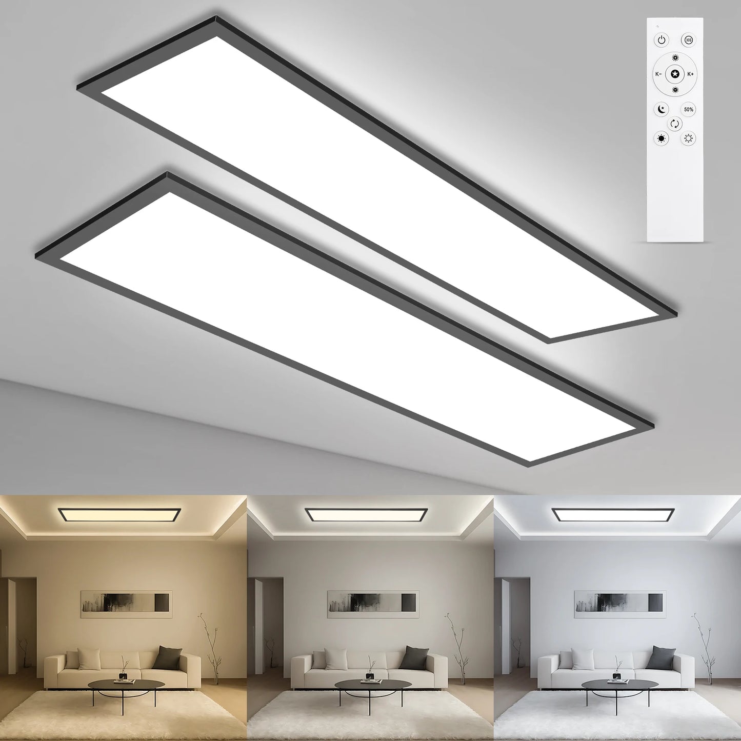 Plafonnier LED 100×25 cm 30 W dimmable, lumière variable 3000-6500 K avec télécommande, design moderne