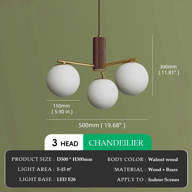 Suspension en bois de noyer japonais et verre dépoli ronde Wabi-sabi