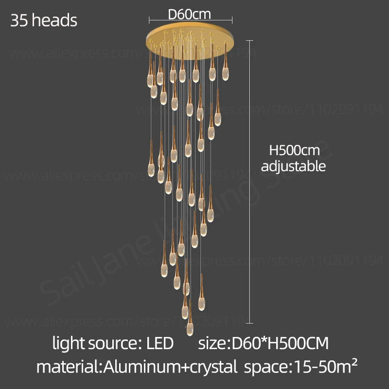 Suspension LED Moderne en Aluminium et Cristal, Lumière Chaude Dimable pour Salon et Escalier