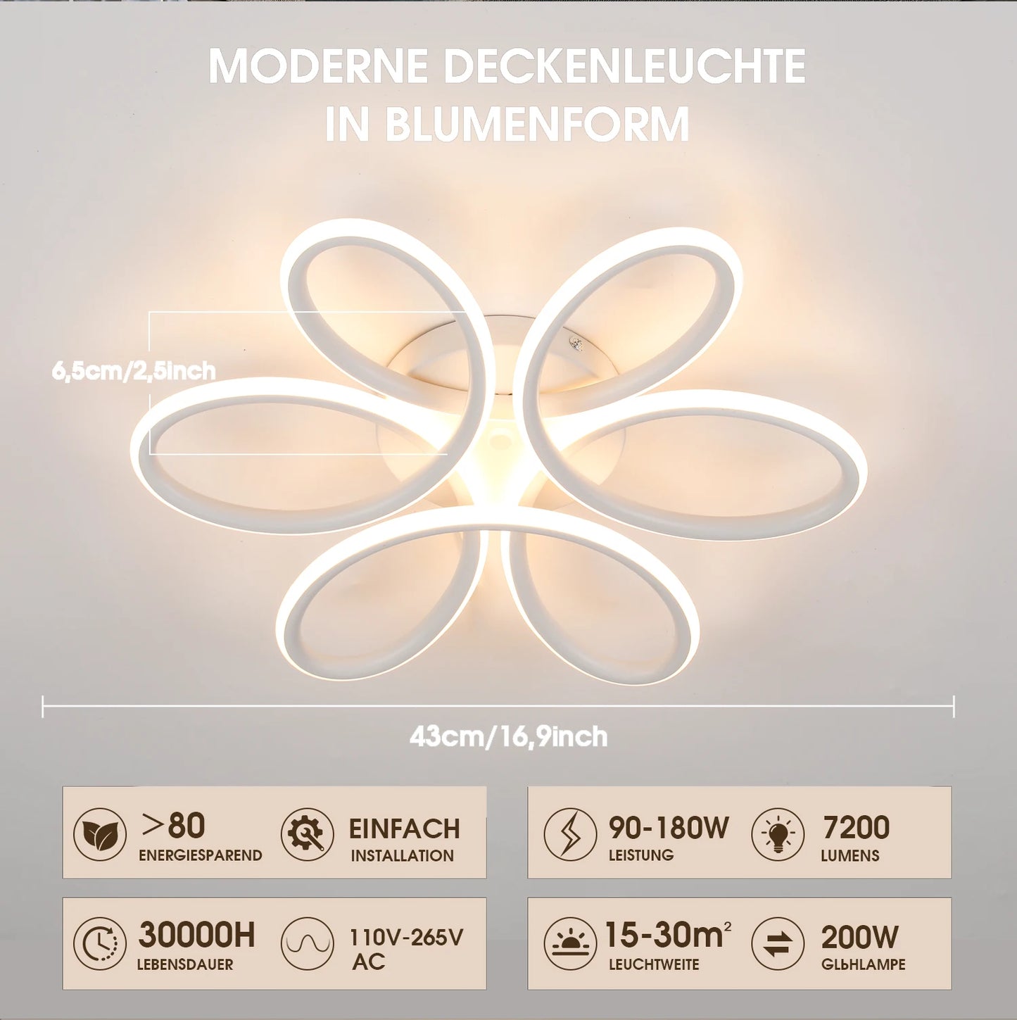 Plafonnier LED 60W design floral en métal, lumière blanc chaud 3000K, 43 cm, ambiance cosy