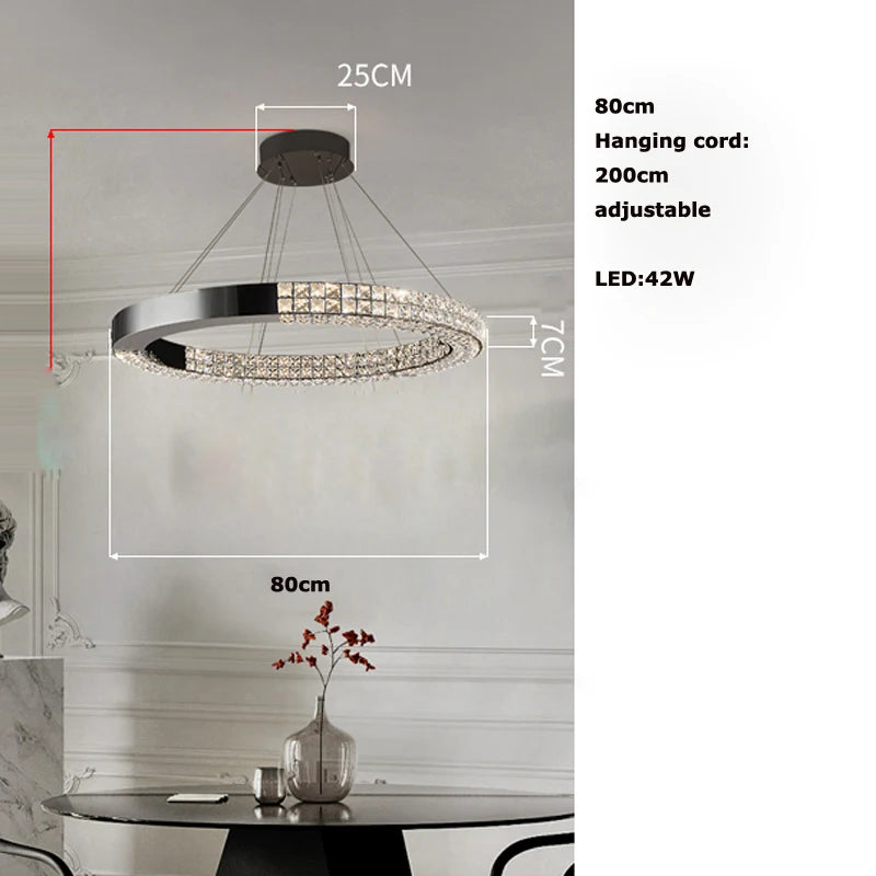 Lustre suspendu K9 cristal noir LED dimmable en acier inoxydable pour salon