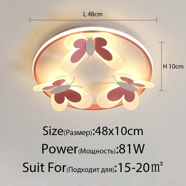 Plafonnier papillon rose ART DECO en métal et acrylique pour chambre d’enfant, lumière douce et chaleureuse