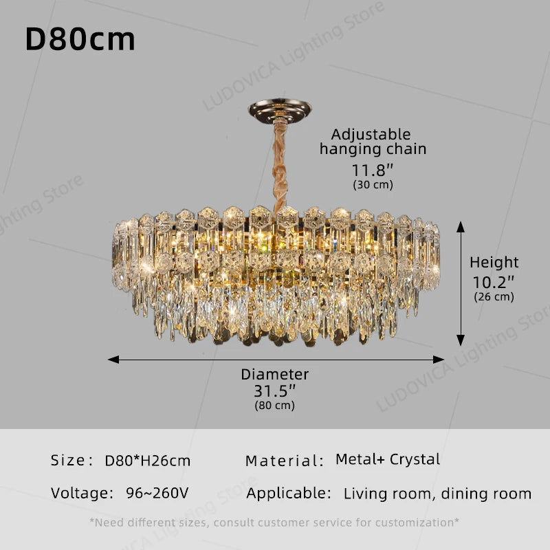 Suspension lustre LED cristal design moderne pour salle à manger haut plafond