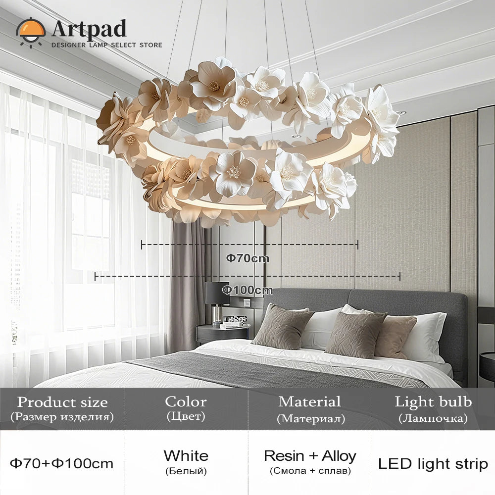 Suspension ronde florale en résine blanche crème à double couche pour salon et cuisine