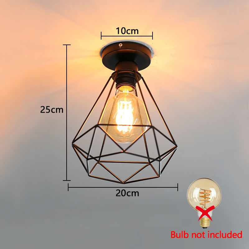 Plafonnier rétro en fer noir E27, design vintage pour intérieur et porche