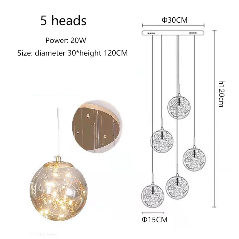 Suspension LED moderne boule de verre pour escalier et salon, lumière chaude dimmable