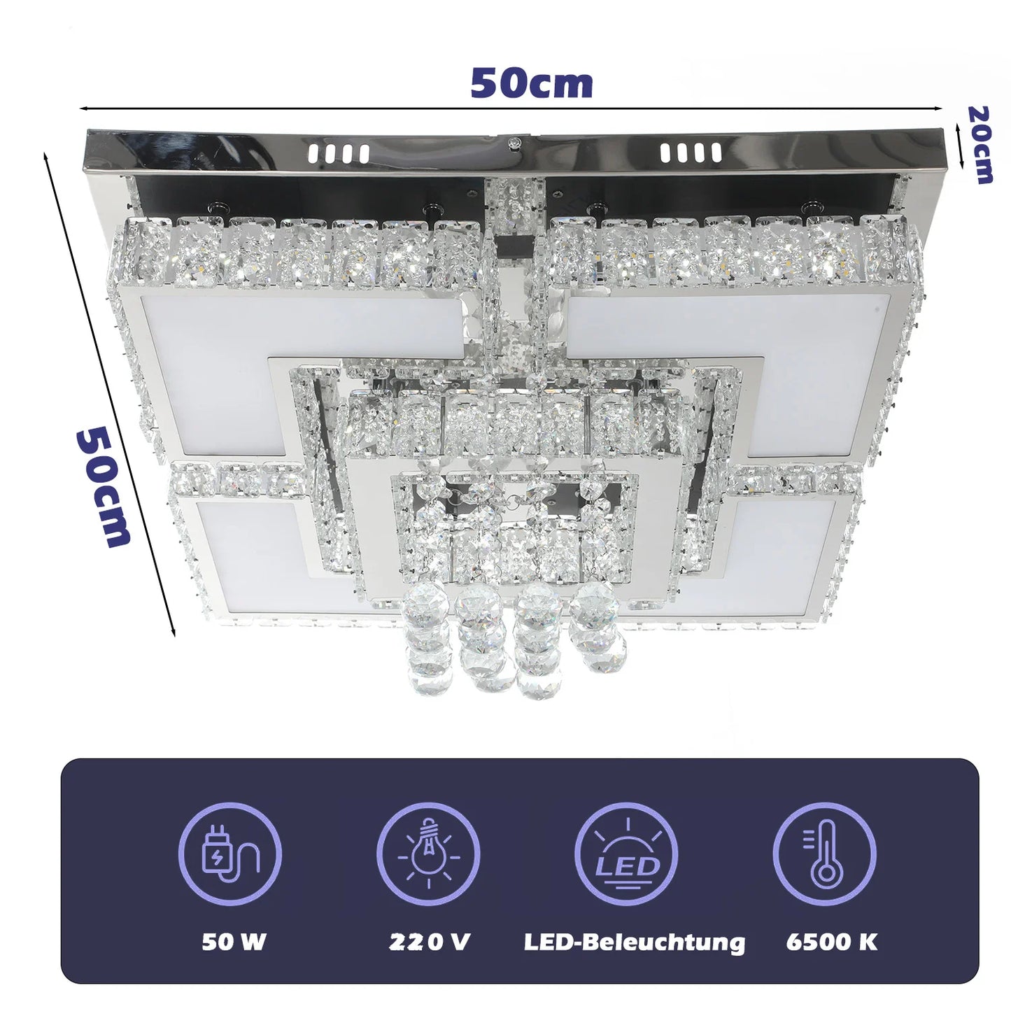 Plafonnier LED carré en cristal 50W avec télécommande et gradation réglable pour salon et chambre