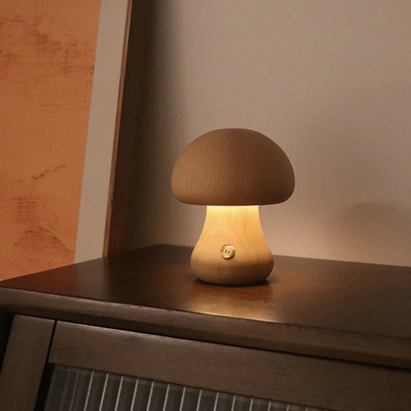 Lampe de table champignon LED tactile en bois, lumière douce pour chambre d’enfant - Luminous Place