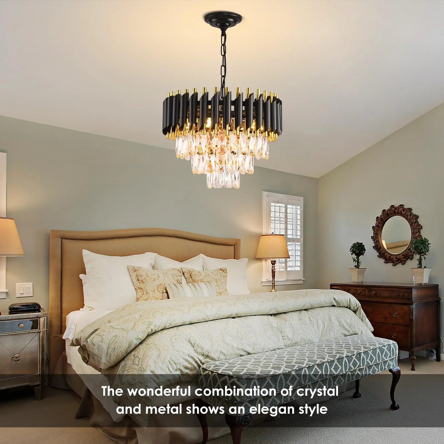 Suspension lustre moderne 3 niveaux en cristal noir et doré, lumière chaleureuse