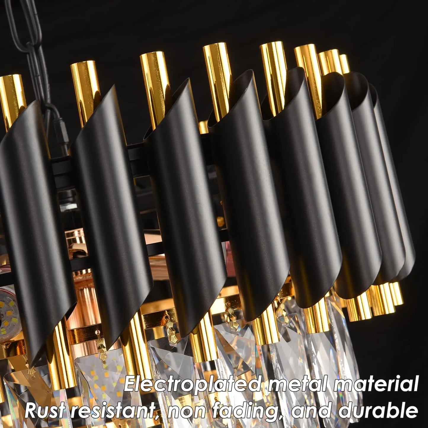 Suspension lustre moderne 3 niveaux en cristal noir et doré, lumière chaleureuse