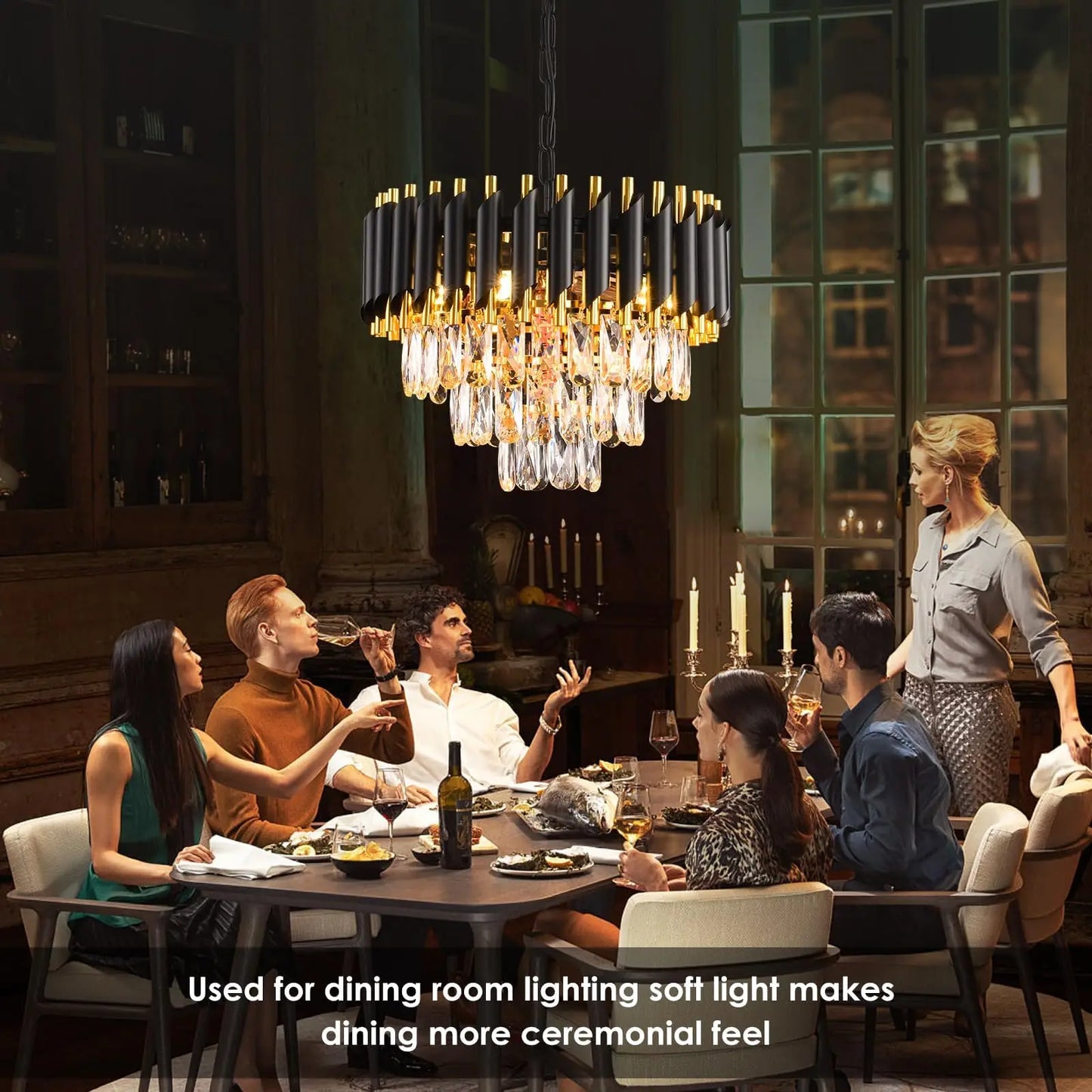 Suspension lustre moderne 3 niveaux en cristal noir et doré, lumière chaleureuse