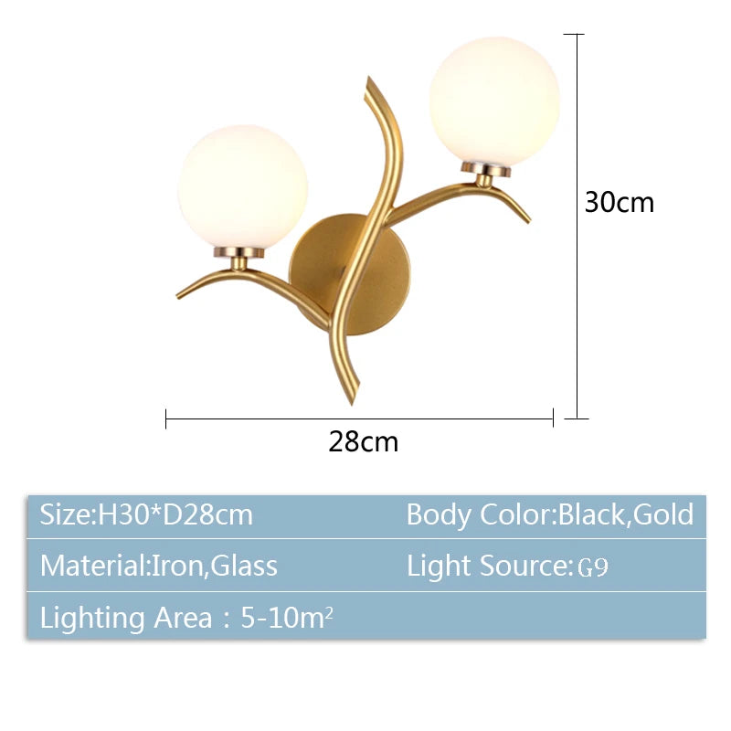 Applique Murale LED Métal et Verre G9 Dorée, Style Nordique Postmoderne