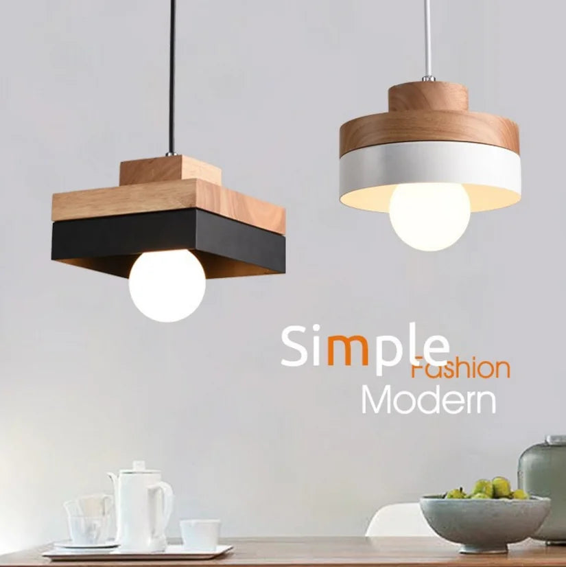 Suspension LED Carrée Bois et Métal au Design Nordique Moderne, Luminaire d'Ambiance