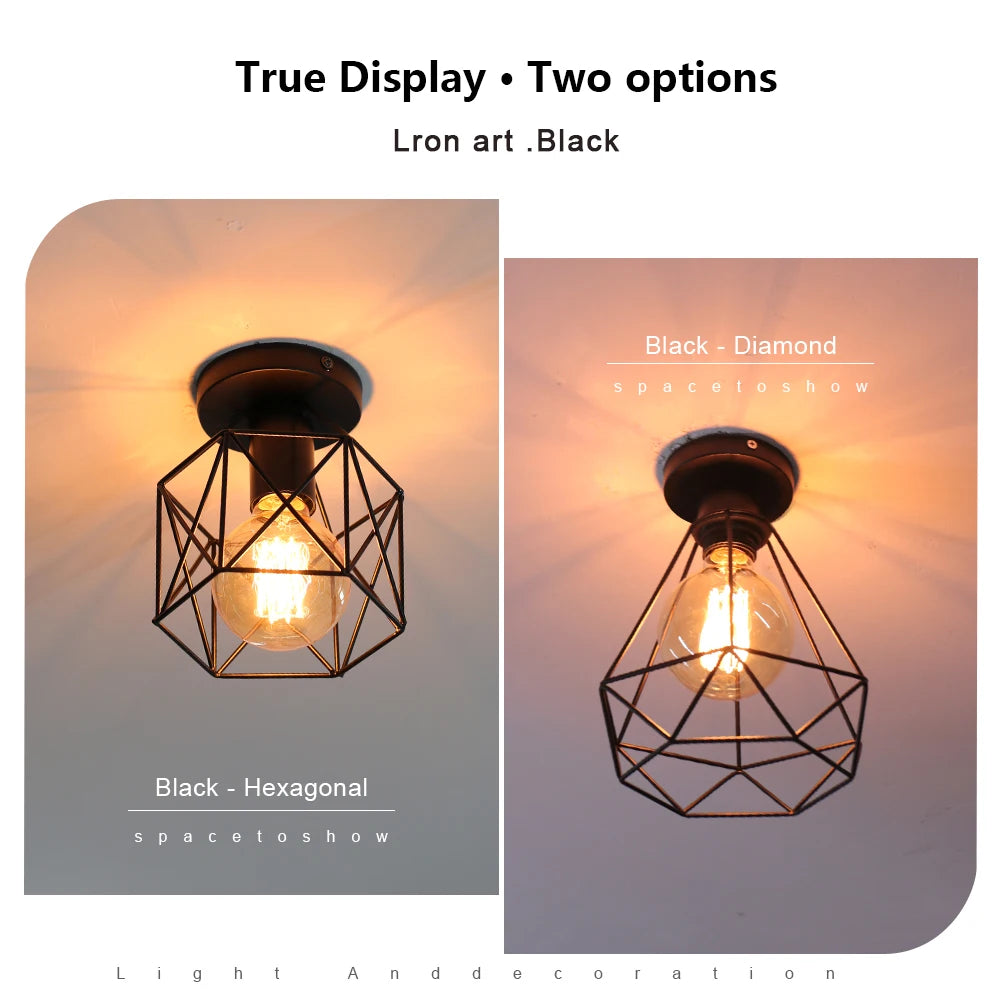Plafonnier rétro en fer noir E27, design vintage pour intérieur et porche