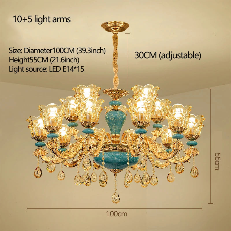 Lustre design européen en céramique et cristal, lumière chaude élégante