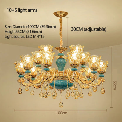 Lustre design européen en céramique et cristal, lumière chaude élégante
