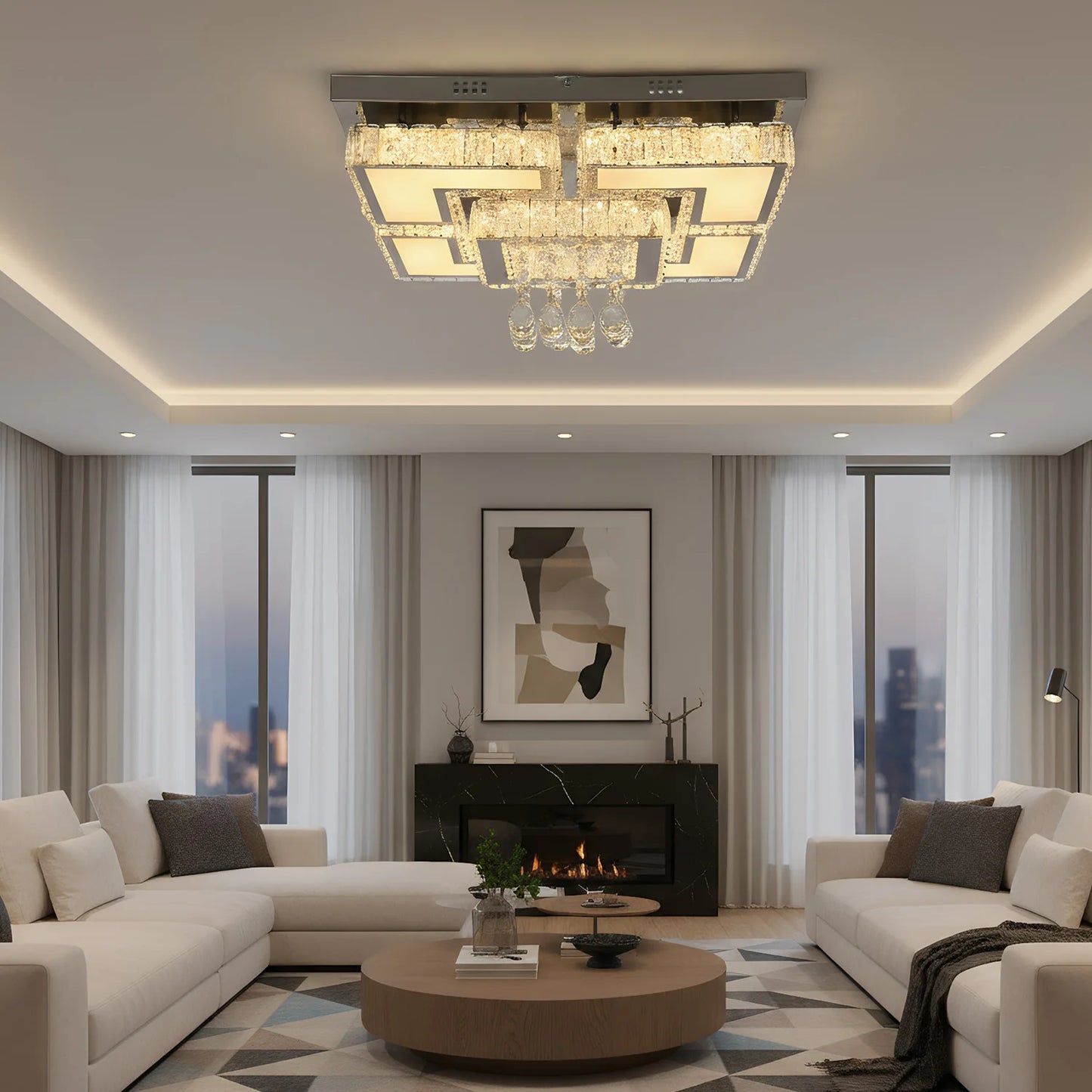 Plafonnier LED carré en cristal 50W avec télécommande et gradation réglable pour salon et chambre