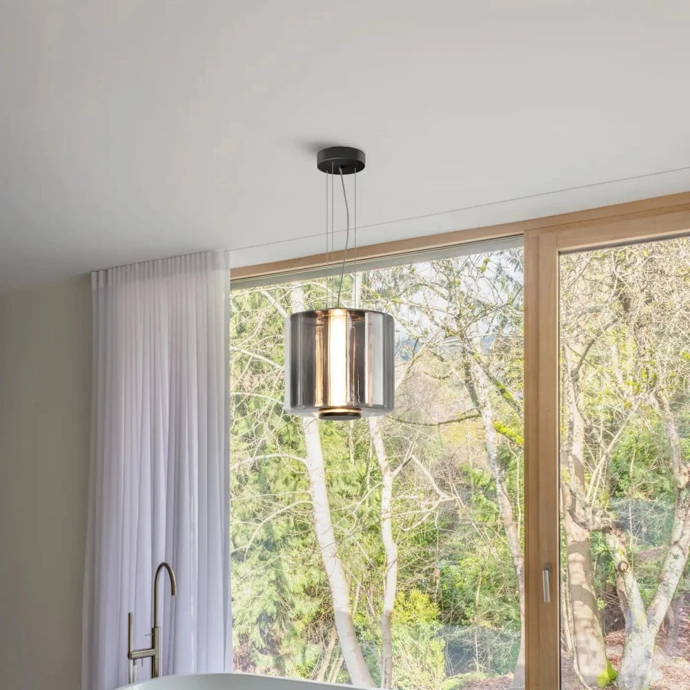 Suspension verre fumé gris design nordique LED pour salon et restaurant