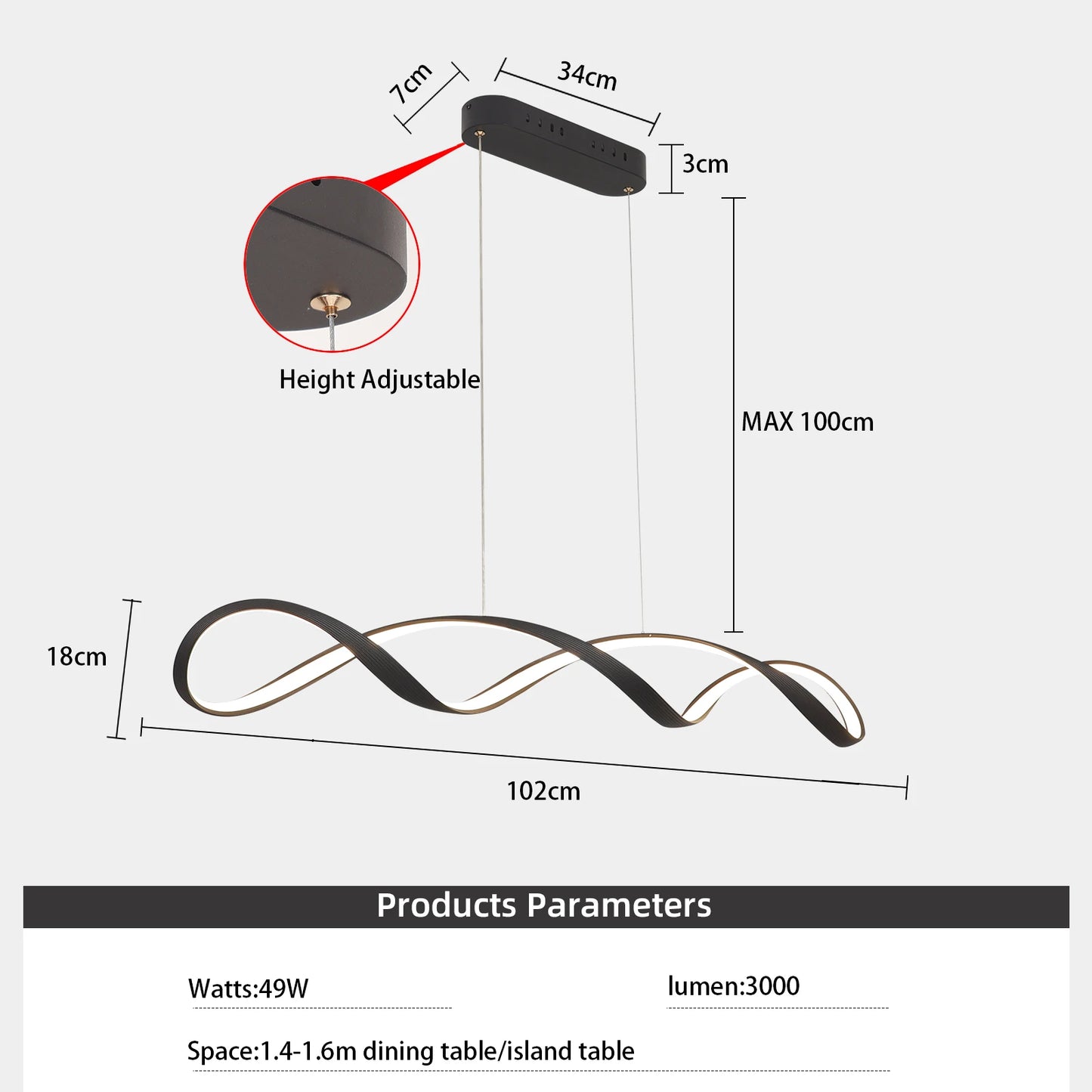 Suspension LED Moderne à Intensité Variable avec Télécommande – Hauteur Réglable 92 cm, Éclairage Îlot et Salle à Manger