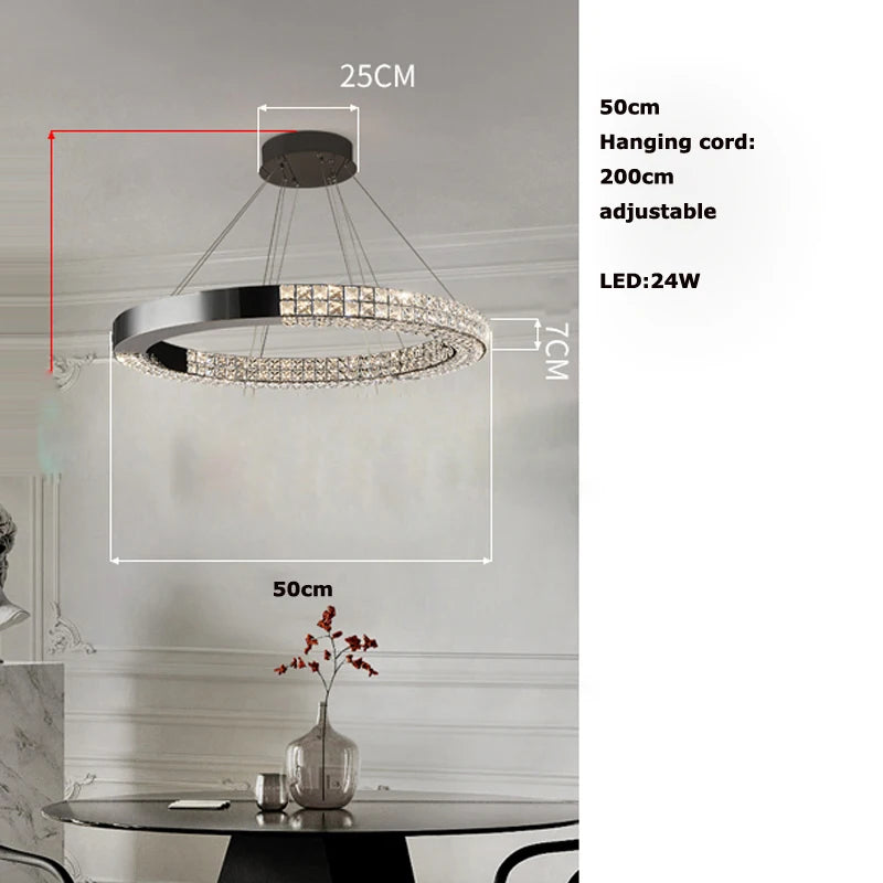 Lustre suspendu K9 cristal noir LED dimmable en acier inoxydable pour salon
