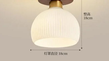 Plafonnier d'entrée en bois et verre, style wabi sabi rétro, ambiance chaleureuse