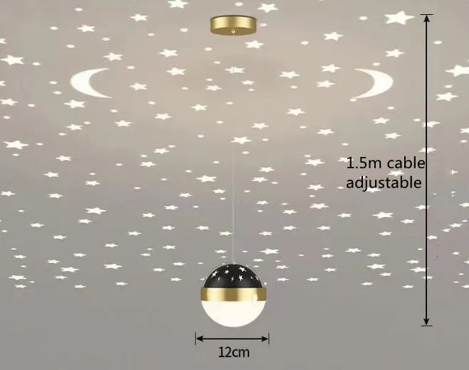 Plafonnier LED moderne étoiles et lune en métal noir et or, ambiance cosy