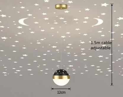 Plafonnier LED moderne étoiles et lune en métal noir et or, ambiance cosy