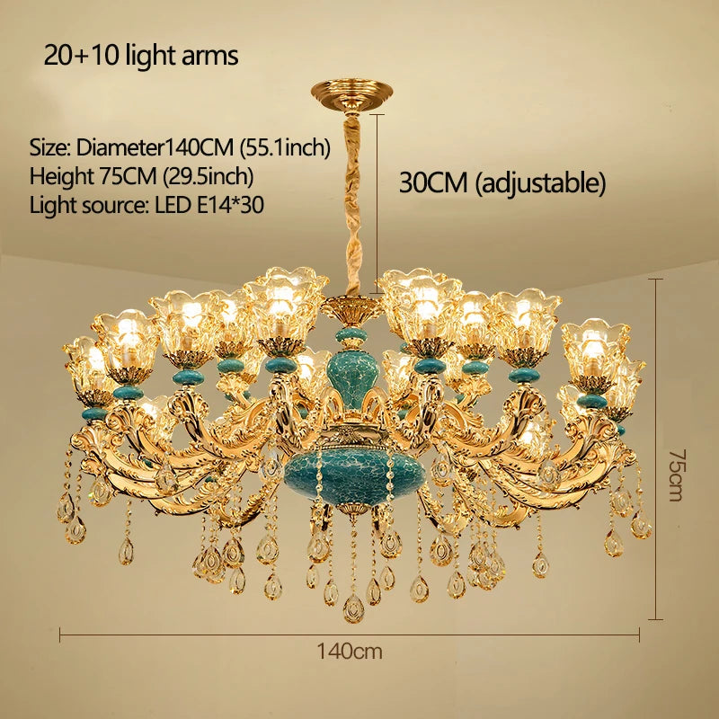 Lustre design européen en céramique et cristal, lumière chaude élégante