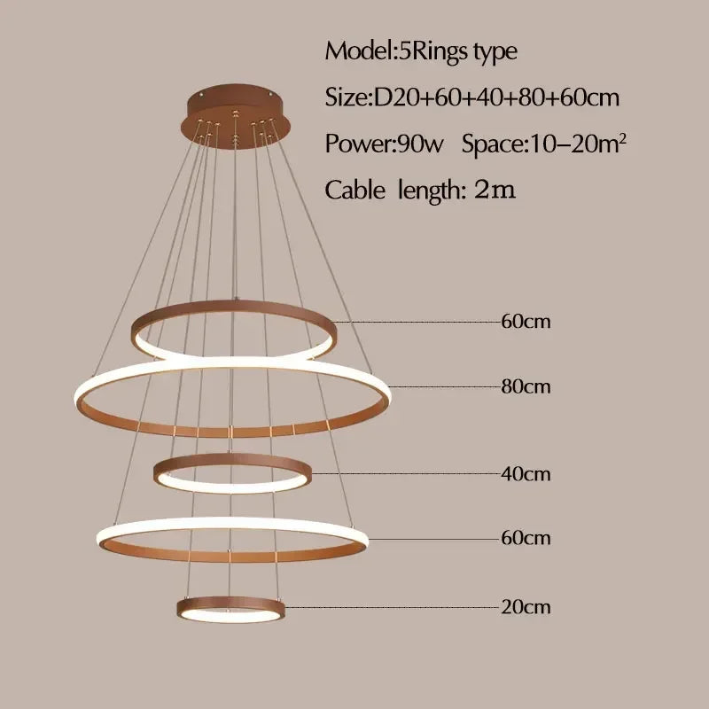 Lustre moderne 7 anneaux circulaires LED en alliage d’aluminium pour salon et salle à manger