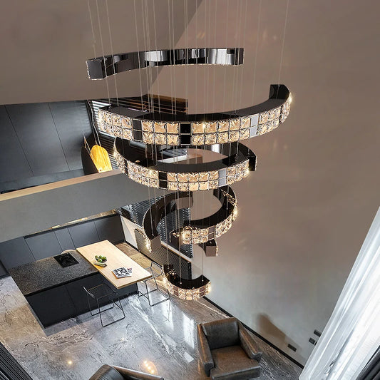 Lustre suspendu K9 cristal noir LED dimmable en acier inoxydable pour salon