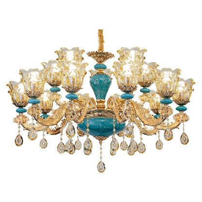 Lustre design européen en céramique et cristal, lumière chaude élégante