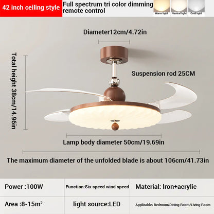 Plafonnier ventilateur rétro noyer 42" silencieux et rétractable avec télécommande