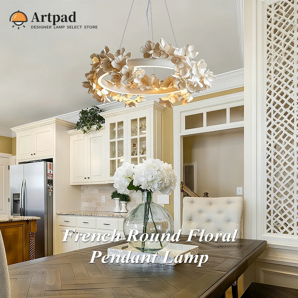 Suspension ronde florale en résine blanche crème à double couche pour salon et cuisine