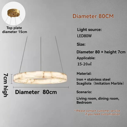 Suspension ronde en faux marbre résine, lumière chaude et design moderne