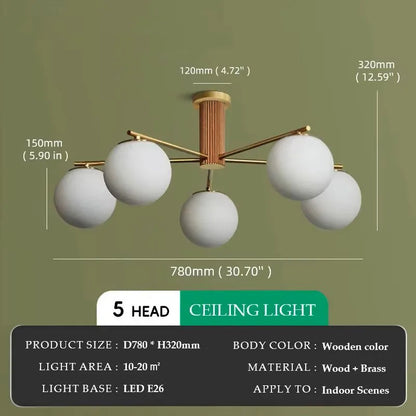 Suspension en bois de noyer japonais et verre dépoli ronde Wabi-sabi