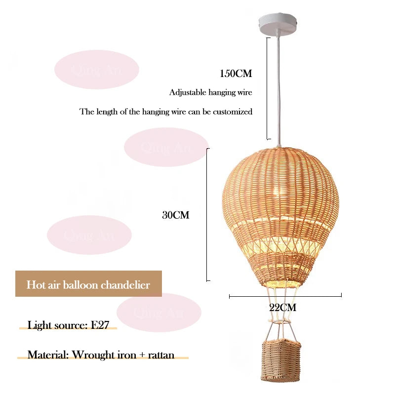 Suspension LED en rotin fait main, lustre ballon à air chaud, lumière chaude pour chambre d’enfant