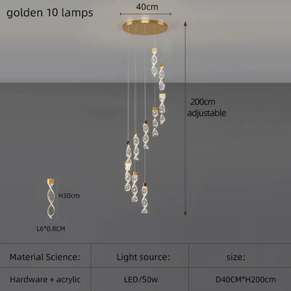 Lustre Spirale Duplex LED en cristal noir et or, design moderne, lumière blanche chaude