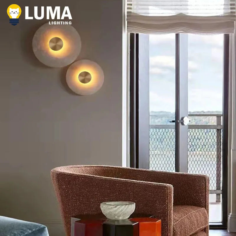 Applique Murale LED en Albâtre Naturel et Cuivre, Design Art Déco