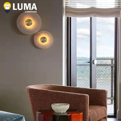 Applique Murale LED en Albâtre Naturel et Cuivre, Design Art Déco