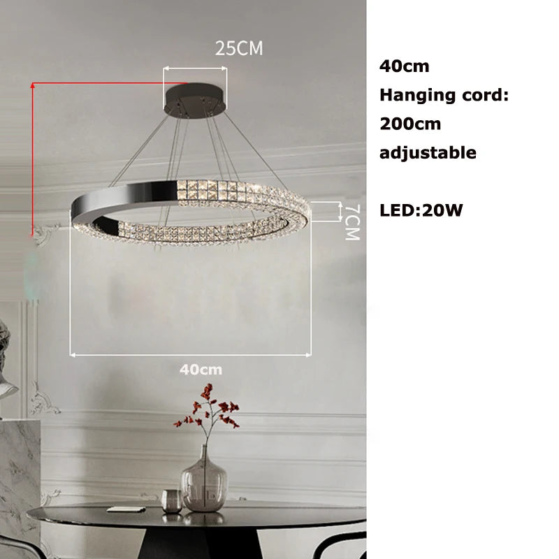 Lustre suspendu K9 cristal noir LED dimmable en acier inoxydable pour salon