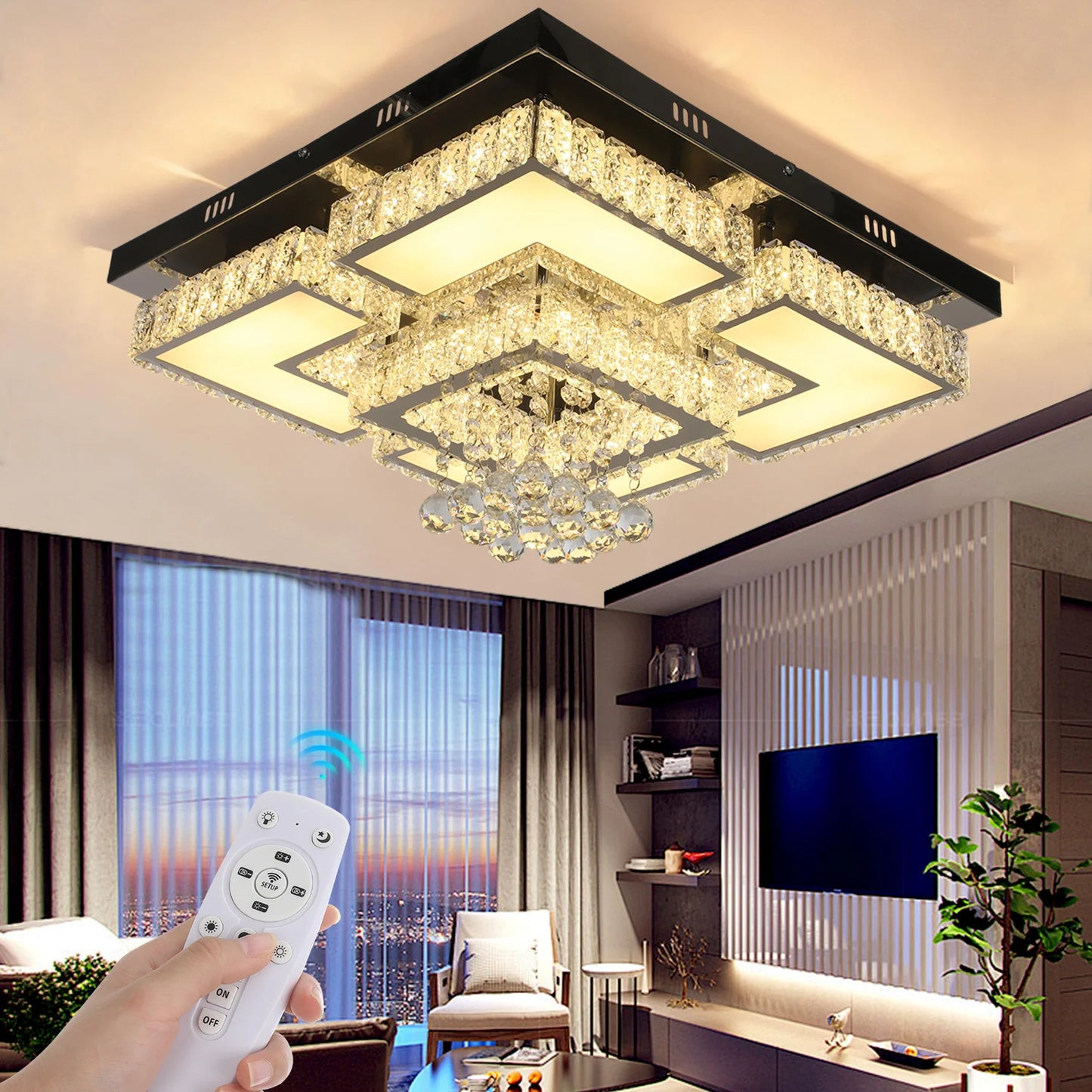 Plafonnier LED carré en cristal 50W avec télécommande et gradation réglable pour salon et chambre
