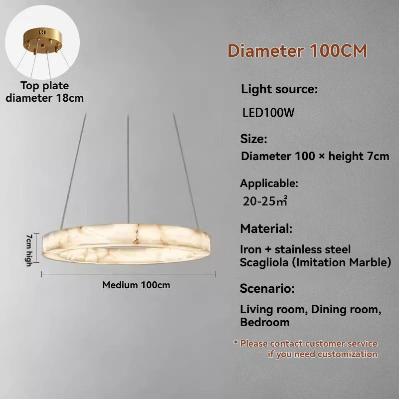 Suspension ronde en faux marbre résine, lumière chaude et design moderne