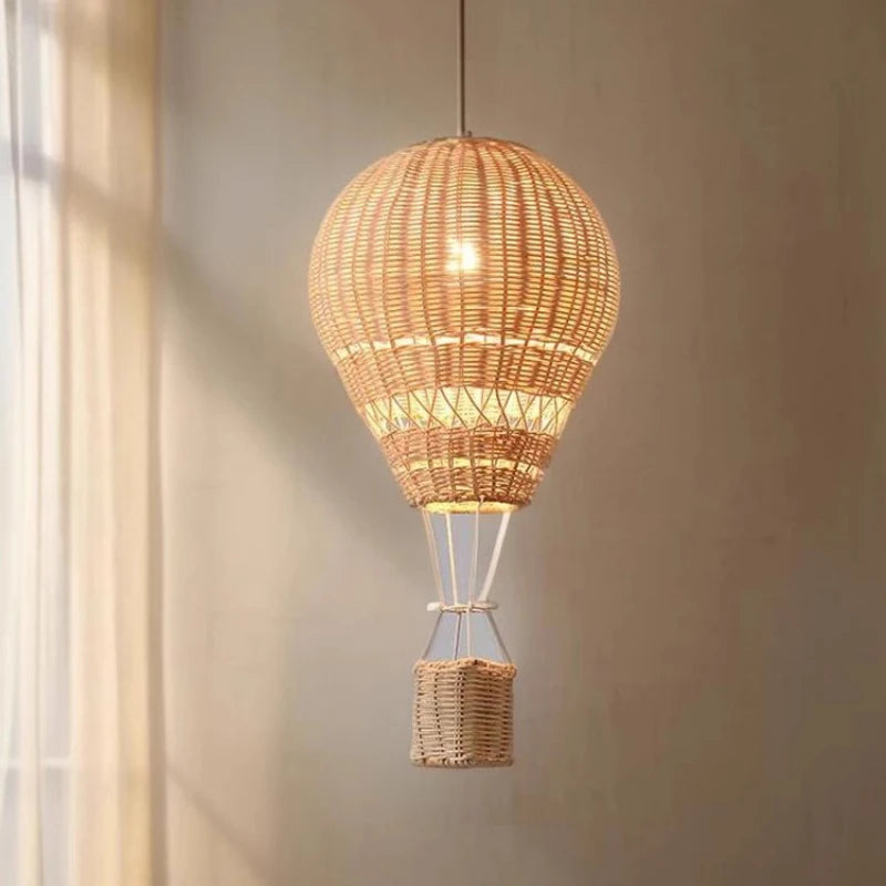 Suspension LED en rotin fait main, lustre ballon à air chaud, lumière chaude pour chambre d’enfant
