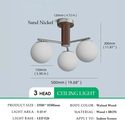 Suspension en bois de noyer japonais et verre dépoli ronde Wabi-sabi