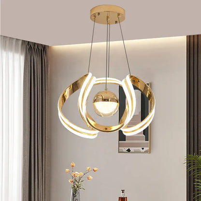 Suspension lustre anneau boule LED design moderne en métal, ambiance cosy