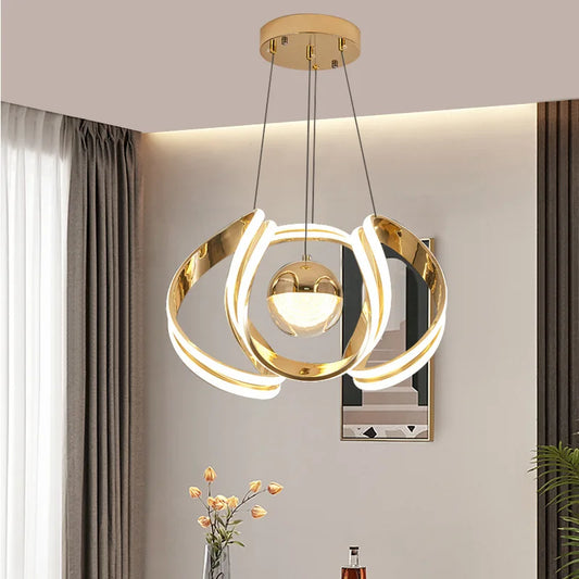 Suspension lustre anneau boule LED design moderne en métal, ambiance cosy