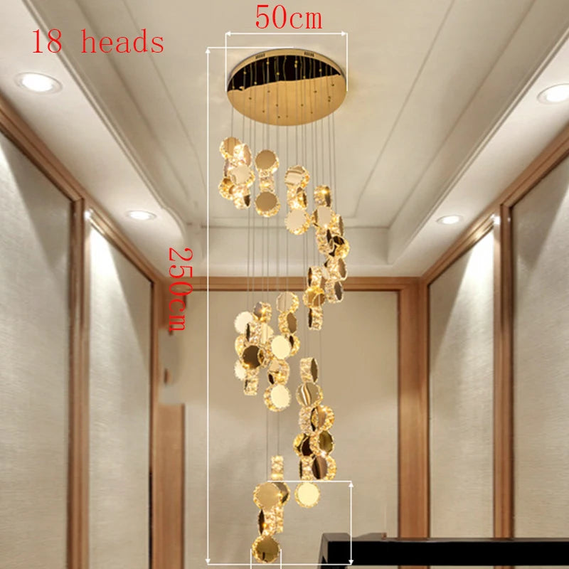 Lustre moderne en cristal LED pour escalier et salon, lumière chaude réglable
