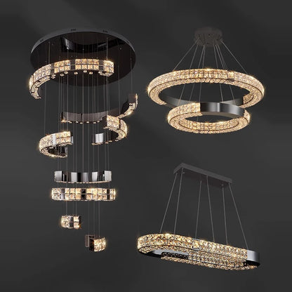 Lustre suspendu K9 cristal noir LED dimmable en acier inoxydable pour salon