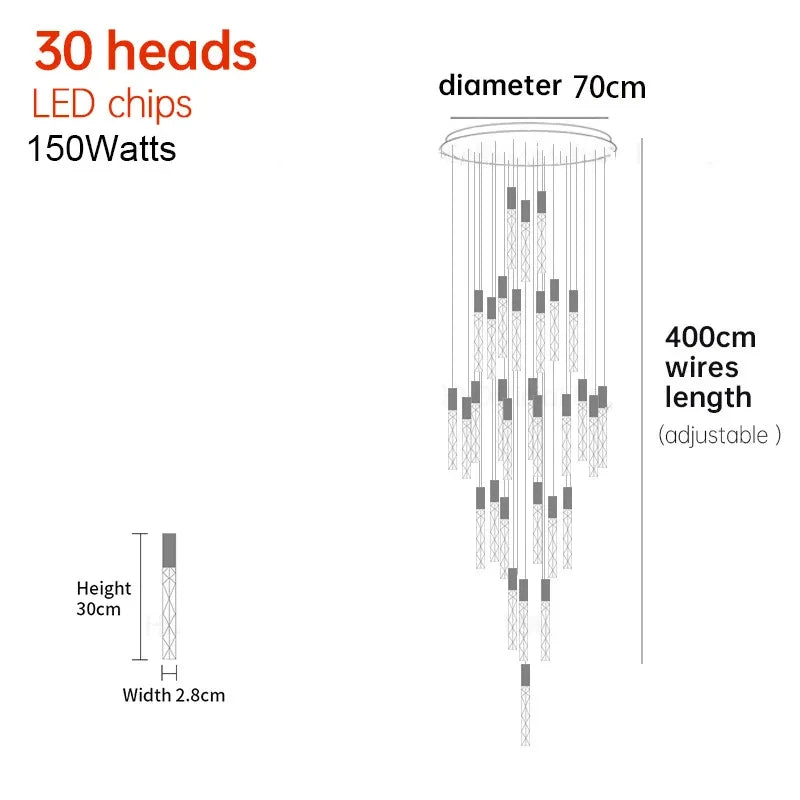 Suspension LED moderne spirale en cristal pour salon et duplex